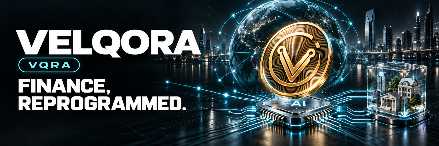 VELQORA VQRA — Finance, Reprogrammed. Gold V coin, AI processor and connected digital assets.